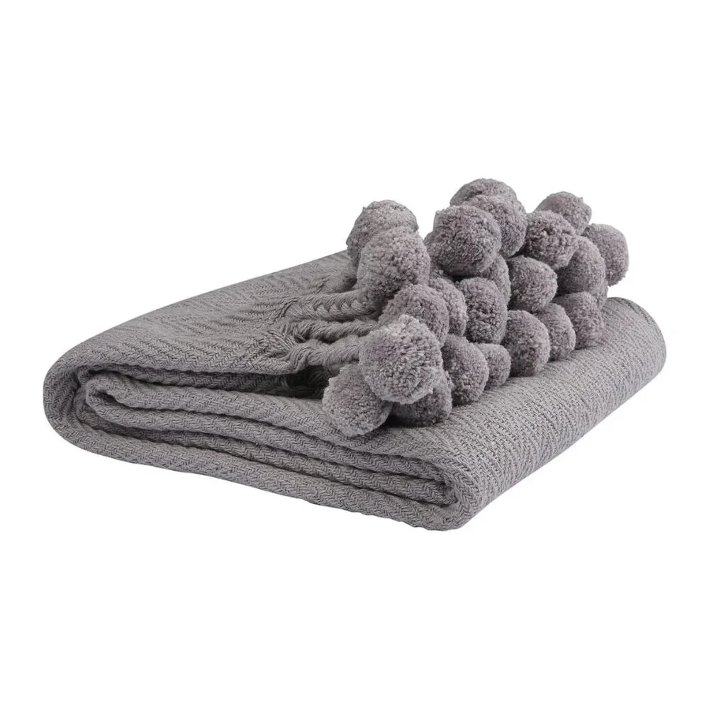 Creative Co-Op Grey Woven Cotton Pom Pom Throw/NWT